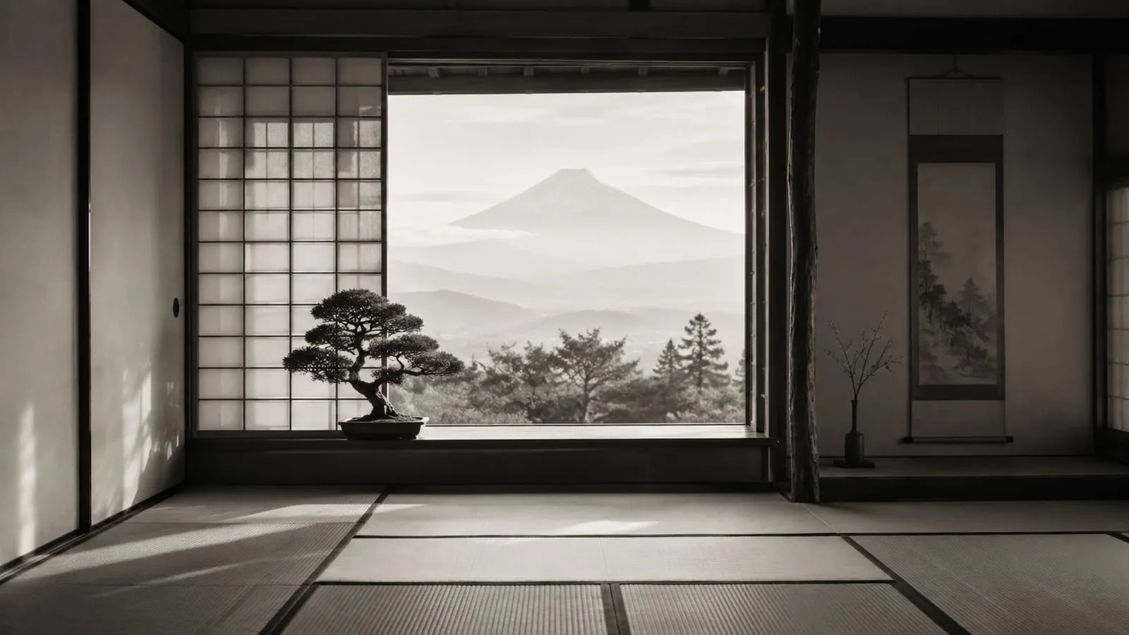 A bright tatami room opening onto a wide view of Mount Fuji in morning haze, a bonsai silhouetted against the light.